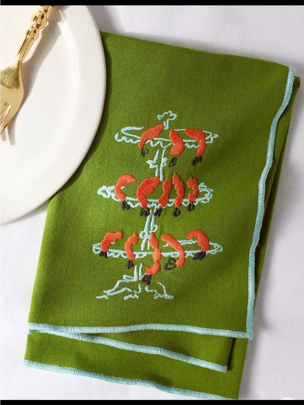 Anthropologie Embroidered Shrimp  Motif 109% Cotton Napkin. Set of 2